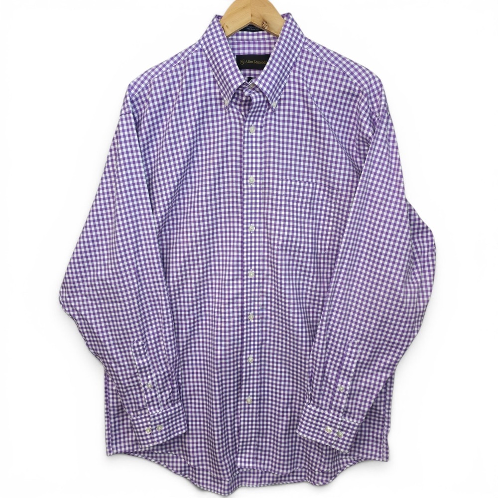Allen Edmonds Dress Shirt Mens Large Purple Check Button Down Wrinkle‎ Free